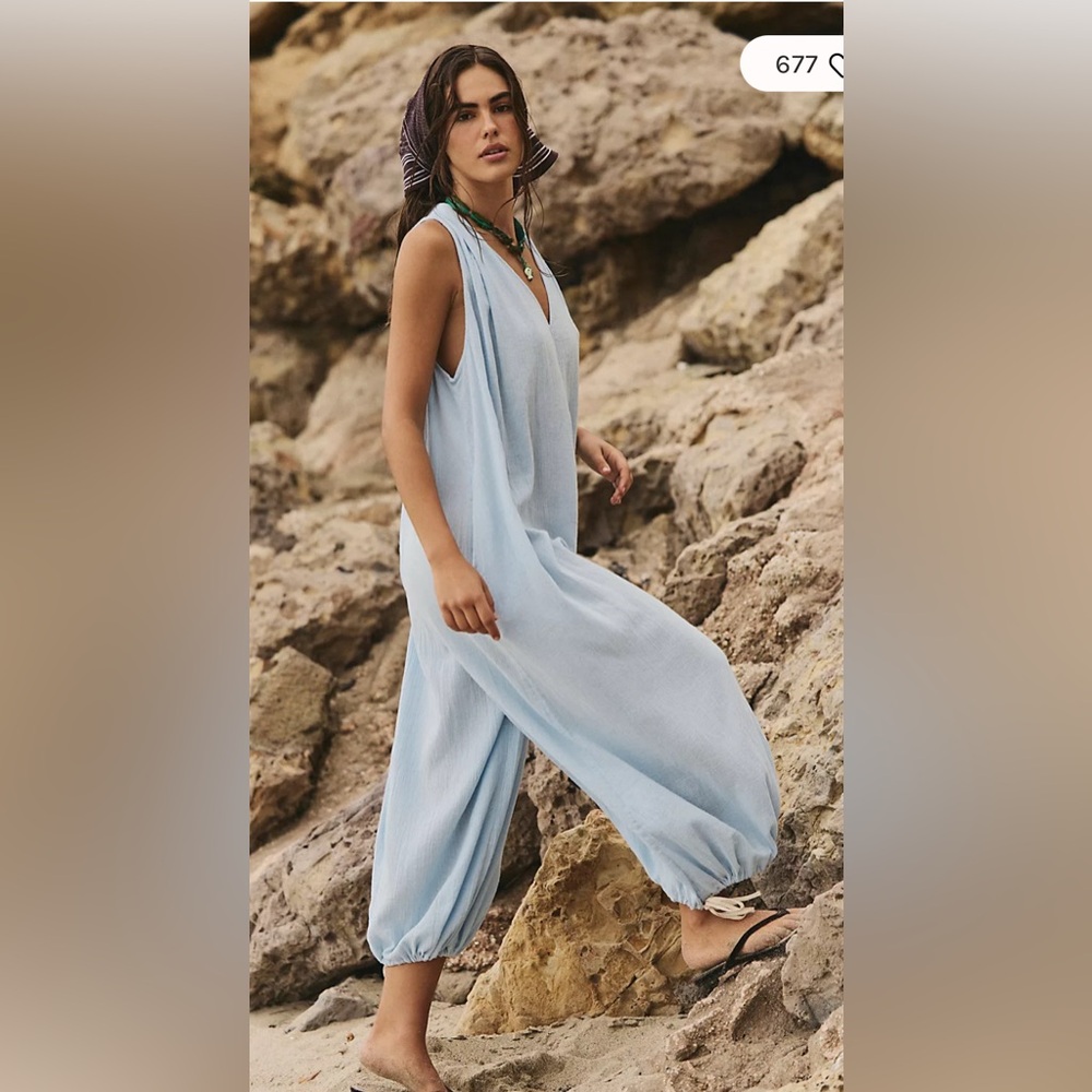 Free People Nautical Notions Jumpsuit sky blue size small will fit s-xl - Picture 3 of 9